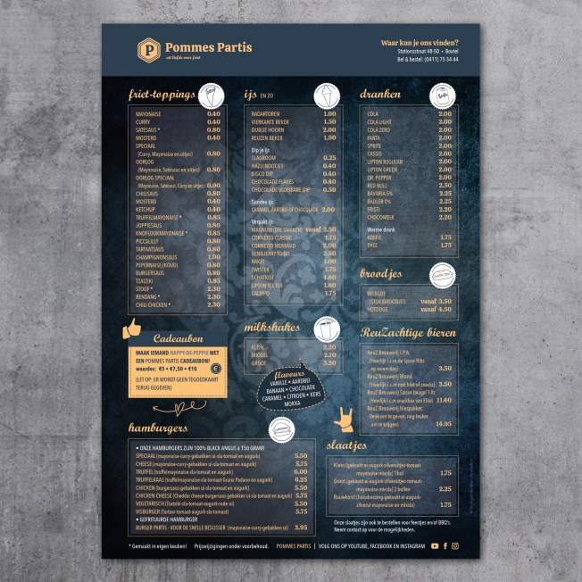 Cafetaria Pommes Partis - Prijslijsten (flyers) + poster tbv stoepbord